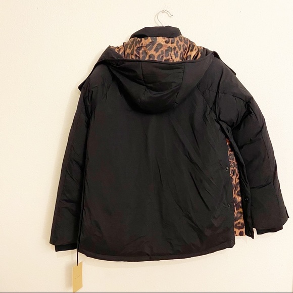 Halogen Black Leopard Contrast Puffer Winter Coat Mock Neck Removable Hood Small - Picture 3 of 10